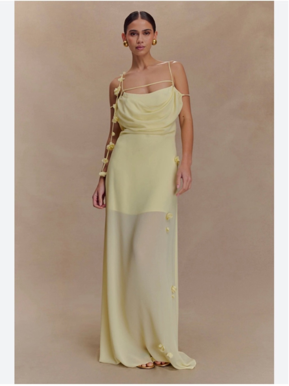 MESHKI Rosalie Floral Chiffon Maxi Dress – Pastel Lemon – Size Large (NWT)